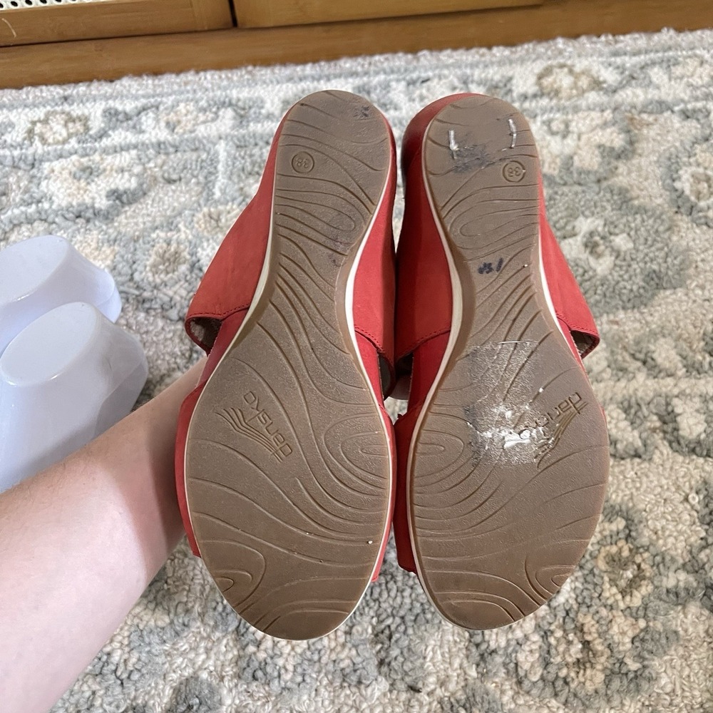 Dansko Sandals Womens 38/7 Vienna Slide Red Leather Slip On Open Toe Wedge Heels - Picture 7 of 7